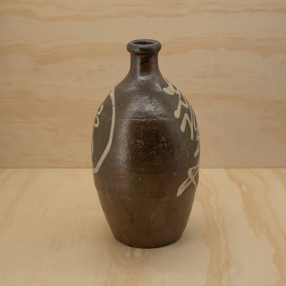 Antique Japanese Ceramic Tanba Sake Bottle - Brown With Off White Kanji