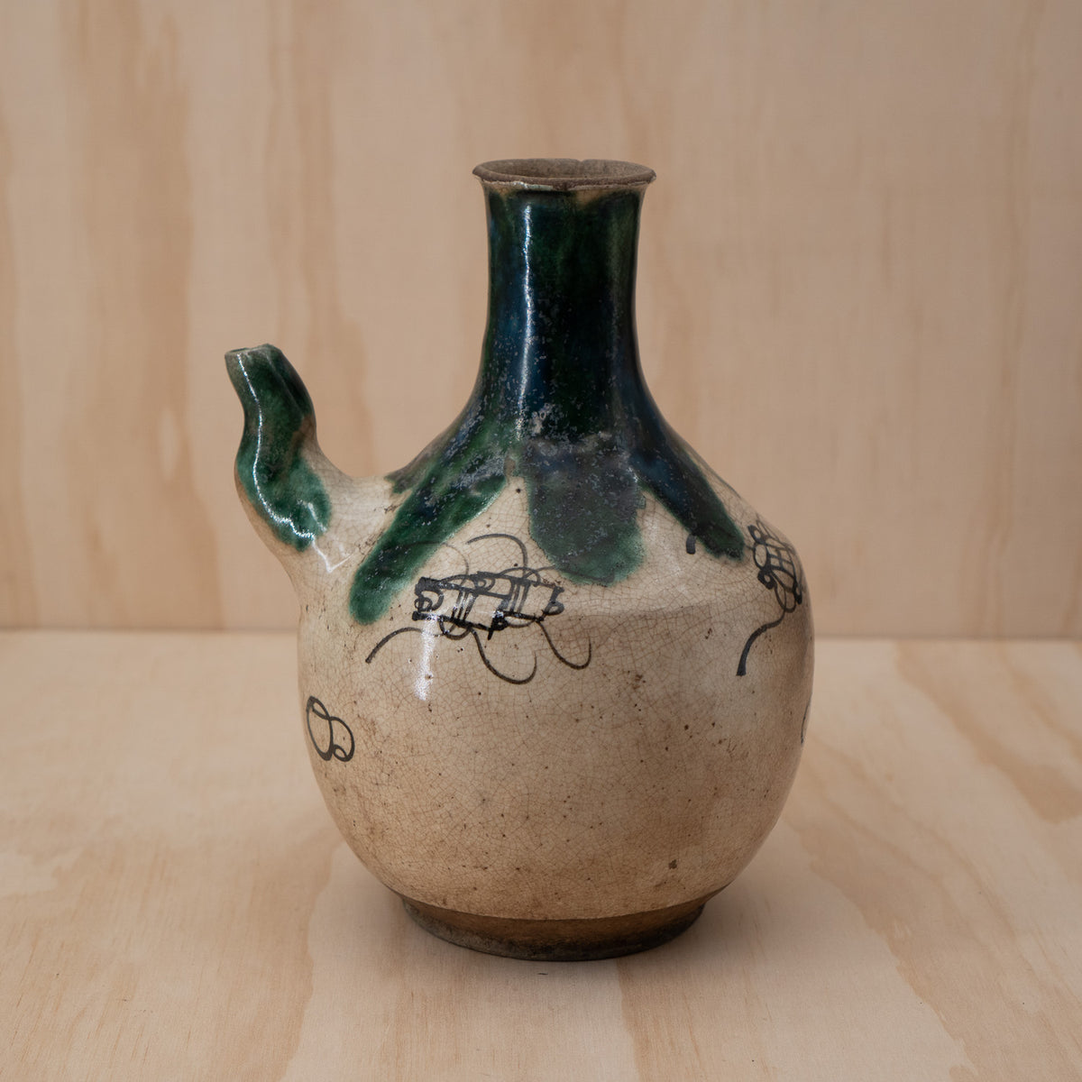 Antique Japanese Late Edo Period Oribe Sake Pouring Jug with Spout