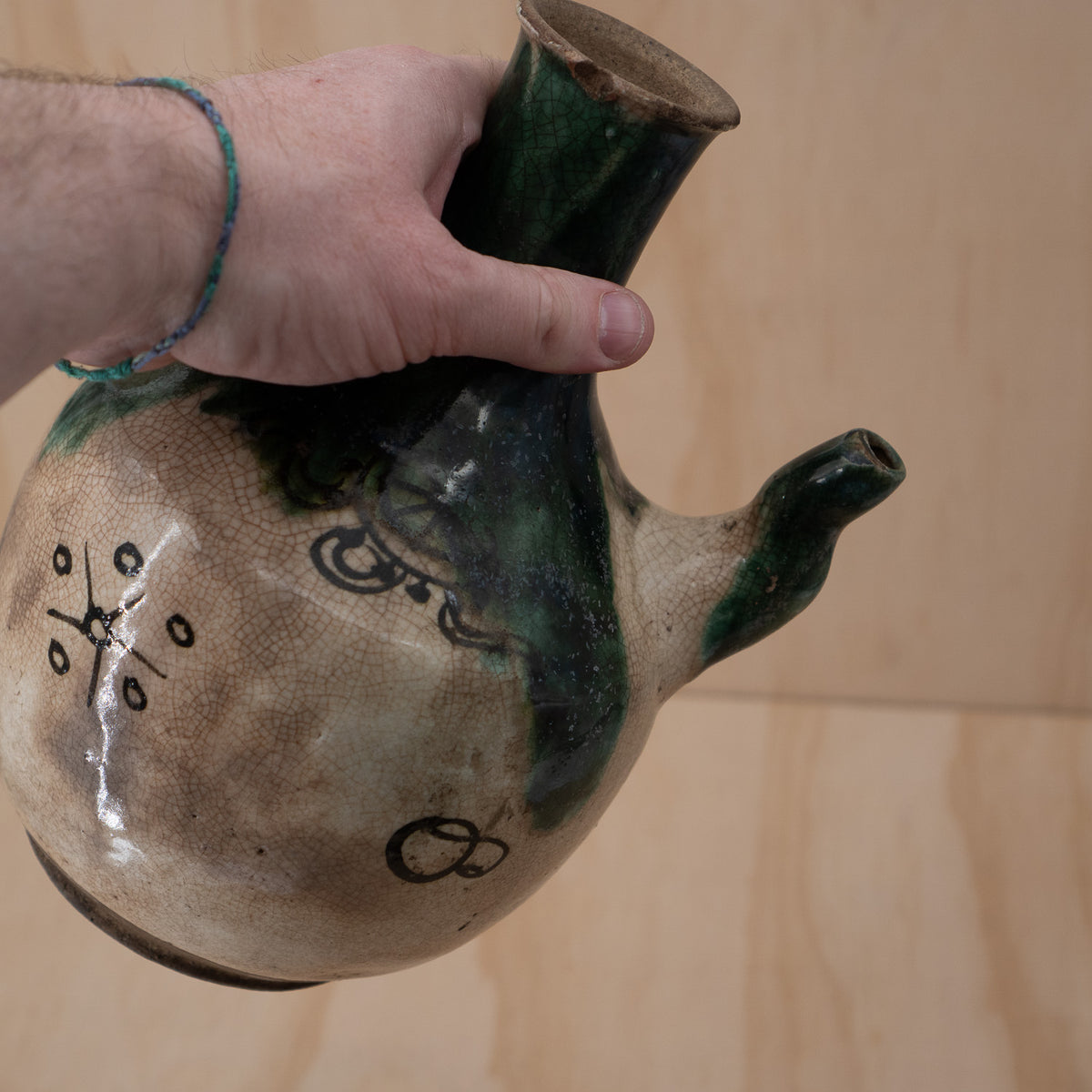 Antique Japanese Late Edo Period Oribe Sake Pouring Jug with Spout
