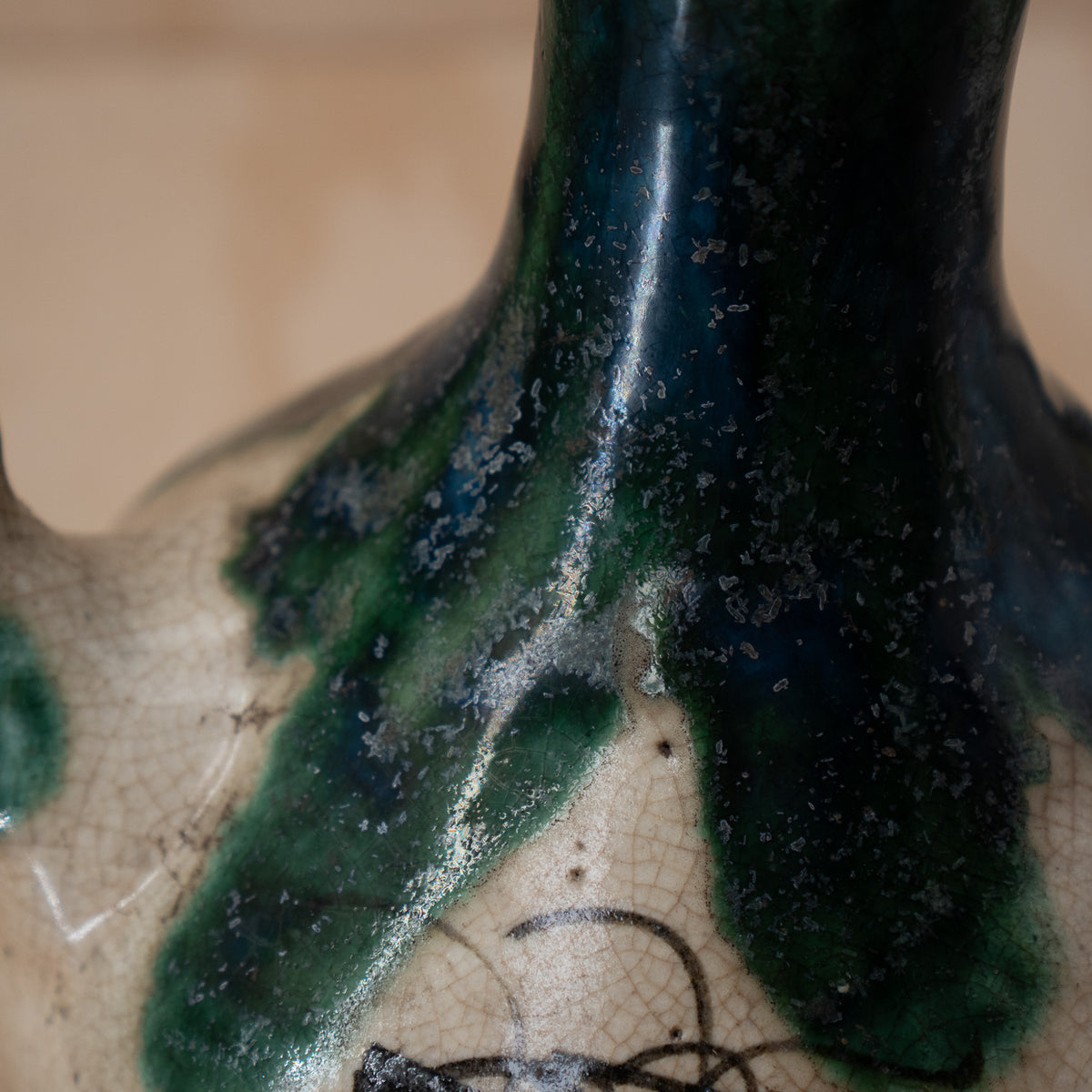 Antique Japanese Late Edo Period Oribe Sake Pouring Jug with Spout