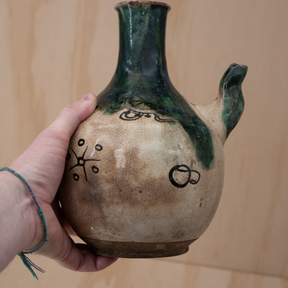 Antique Japanese Late Edo Period Oribe Sake Pouring Jug with Spout
