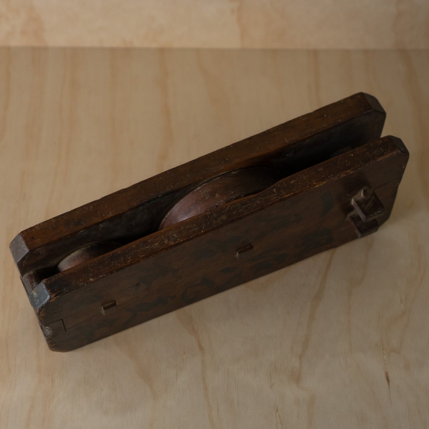 Antique Japanese Wooden Pulley with Kanji "A lucky day in January, 1875"