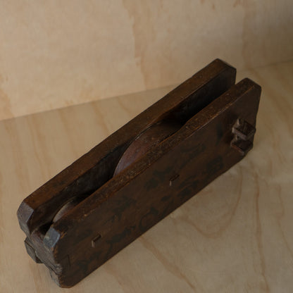 Antique Japanese Wooden Pulley with Kanji "A lucky day in January, 1875"