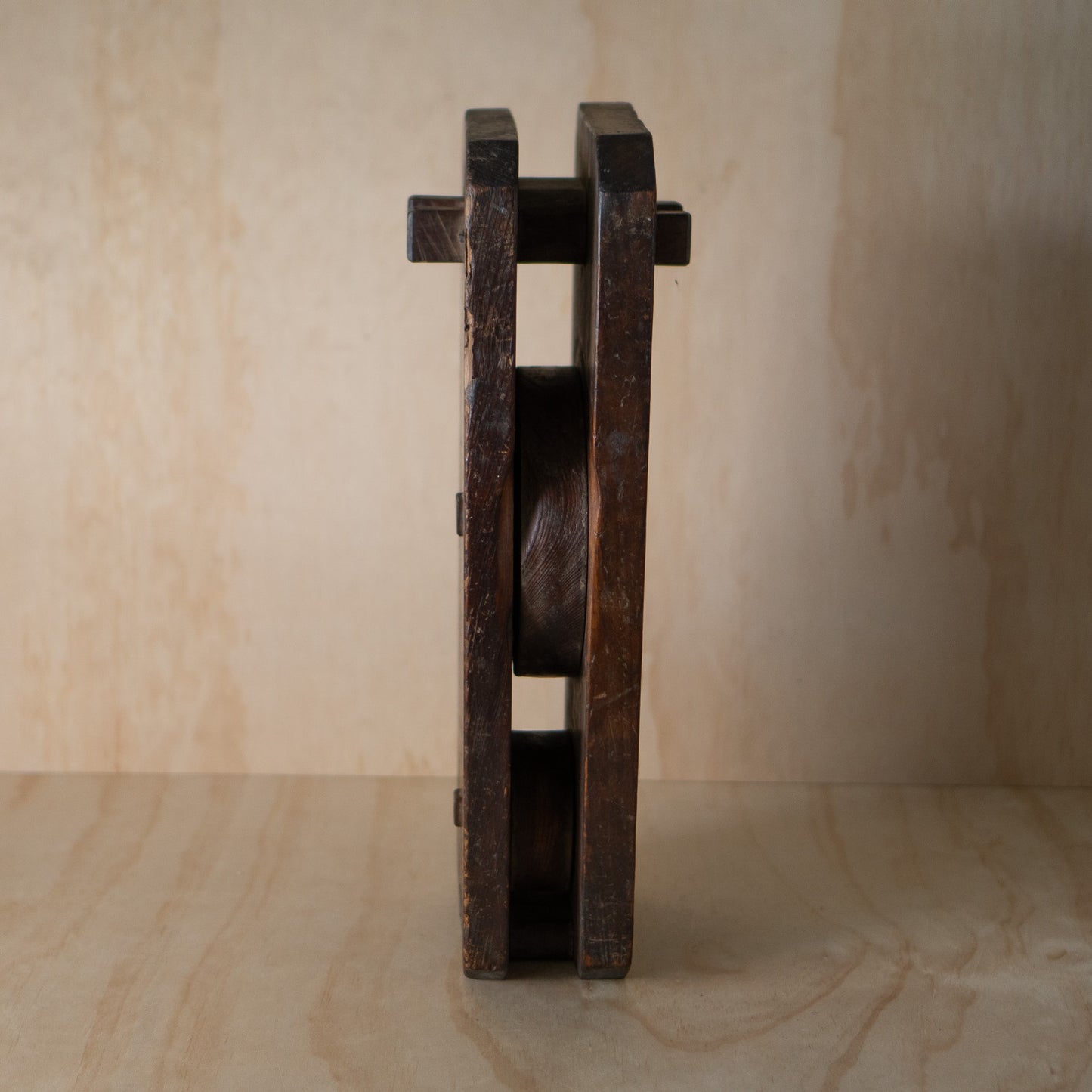 Antique Japanese Wooden Pulley with Kanji "A lucky day in January, 1875"