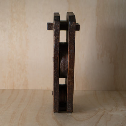 Antique Japanese Wooden Pulley with Kanji "A lucky day in January, 1875"