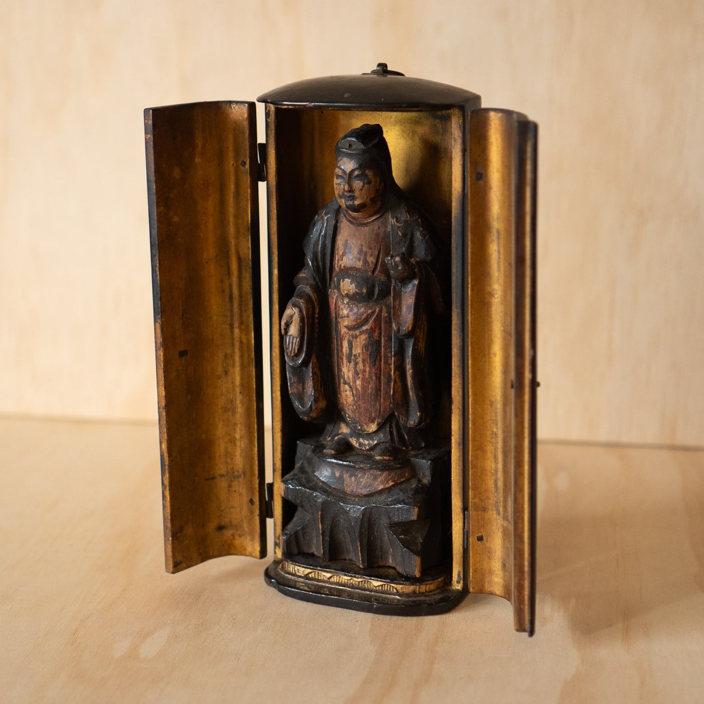 Antique Japanese Zushi Portable Shrine with standing Guanyin Sculpture