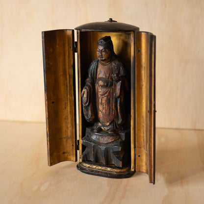 Antique Japanese Zushi Portable Shrine with standing Guanyin Sculpture