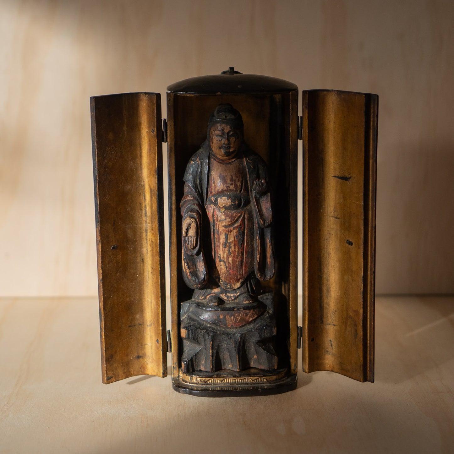 Antique Japanese Zushi Portable Shrine with standing Guanyin Sculpture
