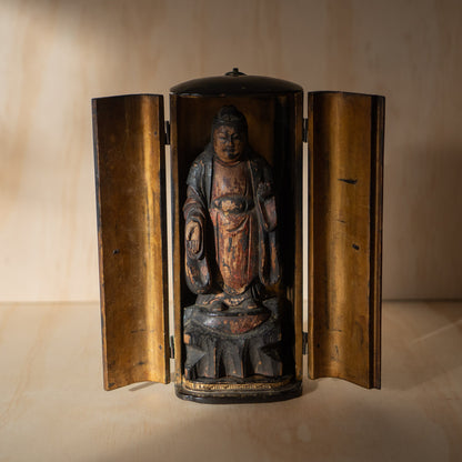 Antique Japanese Zushi Portable Shrine with standing Guanyin Sculpture