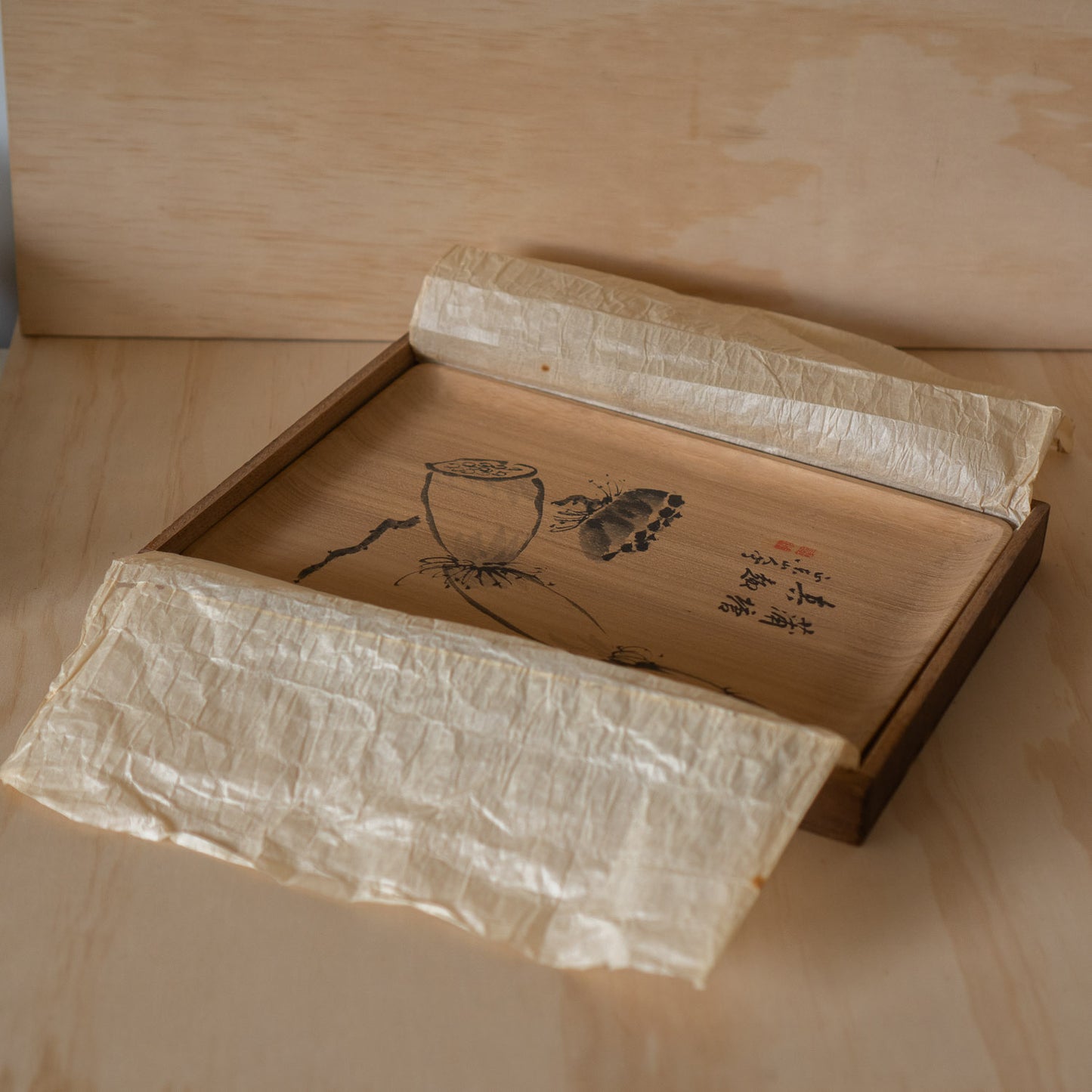 Antique Japanese Ink Painted Presentation Tray in Box - Shinmotsubon