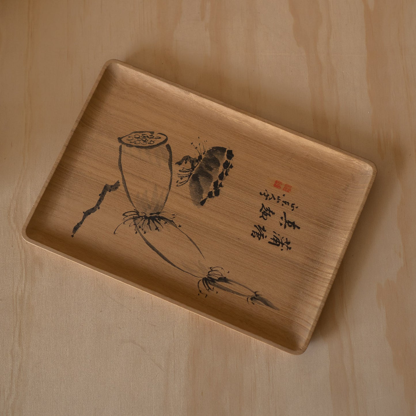 Antique Japanese Ink Painted Presentation Tray in Box - Shinmotsubon