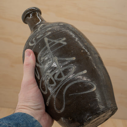 Antique Japanese Ceramic Tanba Sake Bottle - Brown Glaze with Kanji