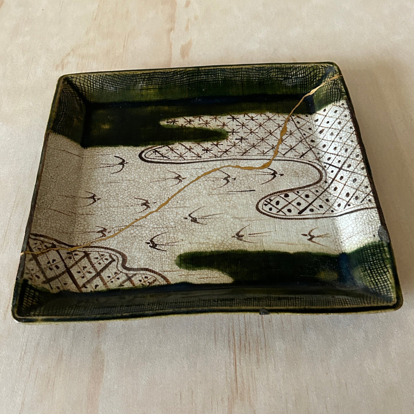 Antique Japanese Oribe Square Platter with gold Kintsugi repair