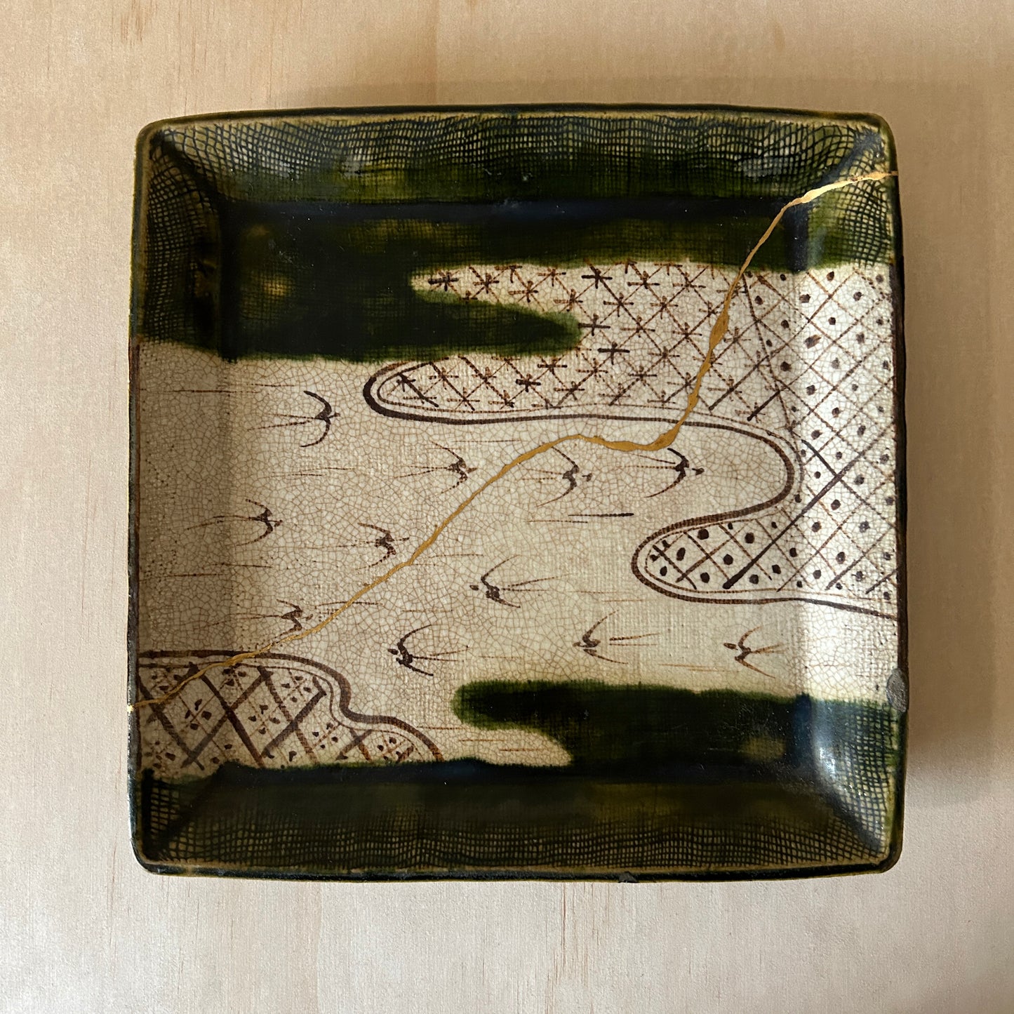 Antique Japanese Oribe Square Platter with gold Kintsugi repair