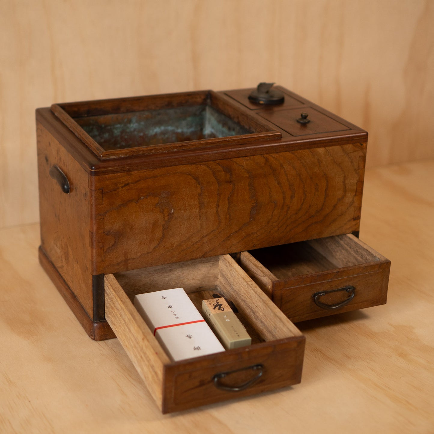 Antique Keyaki Elm and Rosewood Hibachi / Tabako Bon with 2 drawers