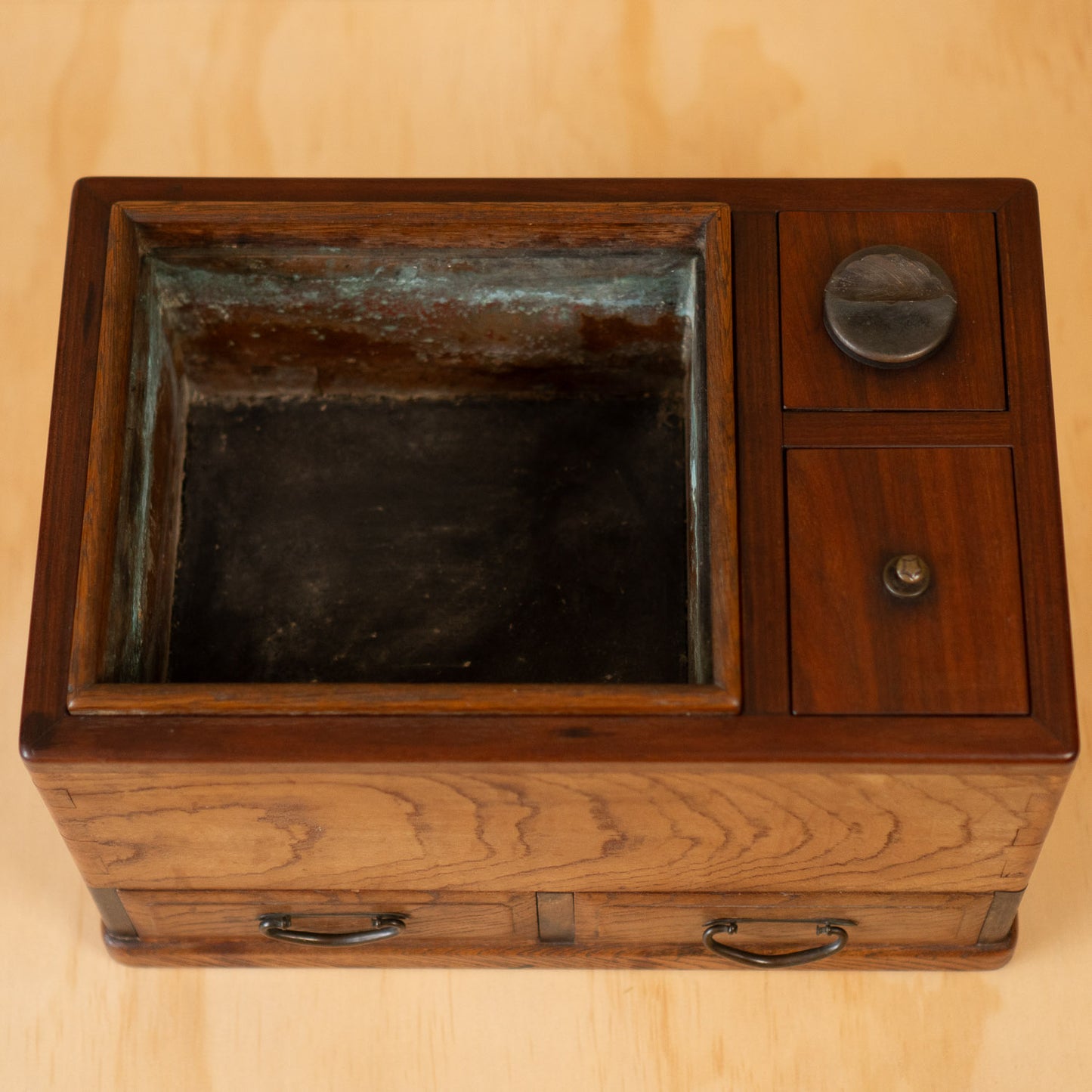 Antique Keyaki Elm and Rosewood Hibachi / Tabako Bon with 2 drawers