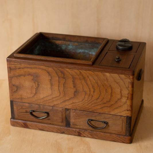 Antique Keyaki Elm and Rosewood Hibachi / Tabako Bon with 2 drawers