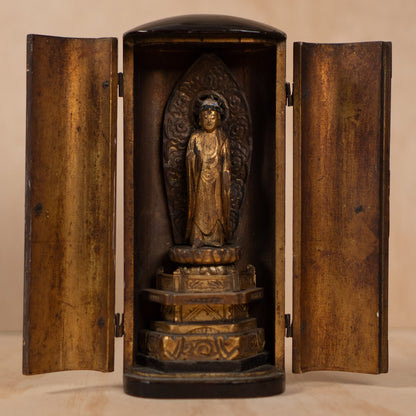 Antique Japanese Portable Shrine with standing buddha -Zushi