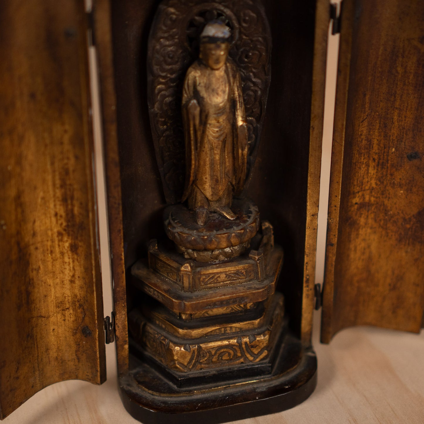 Antique Japanese Portable Shrine with standing buddha -Zushi