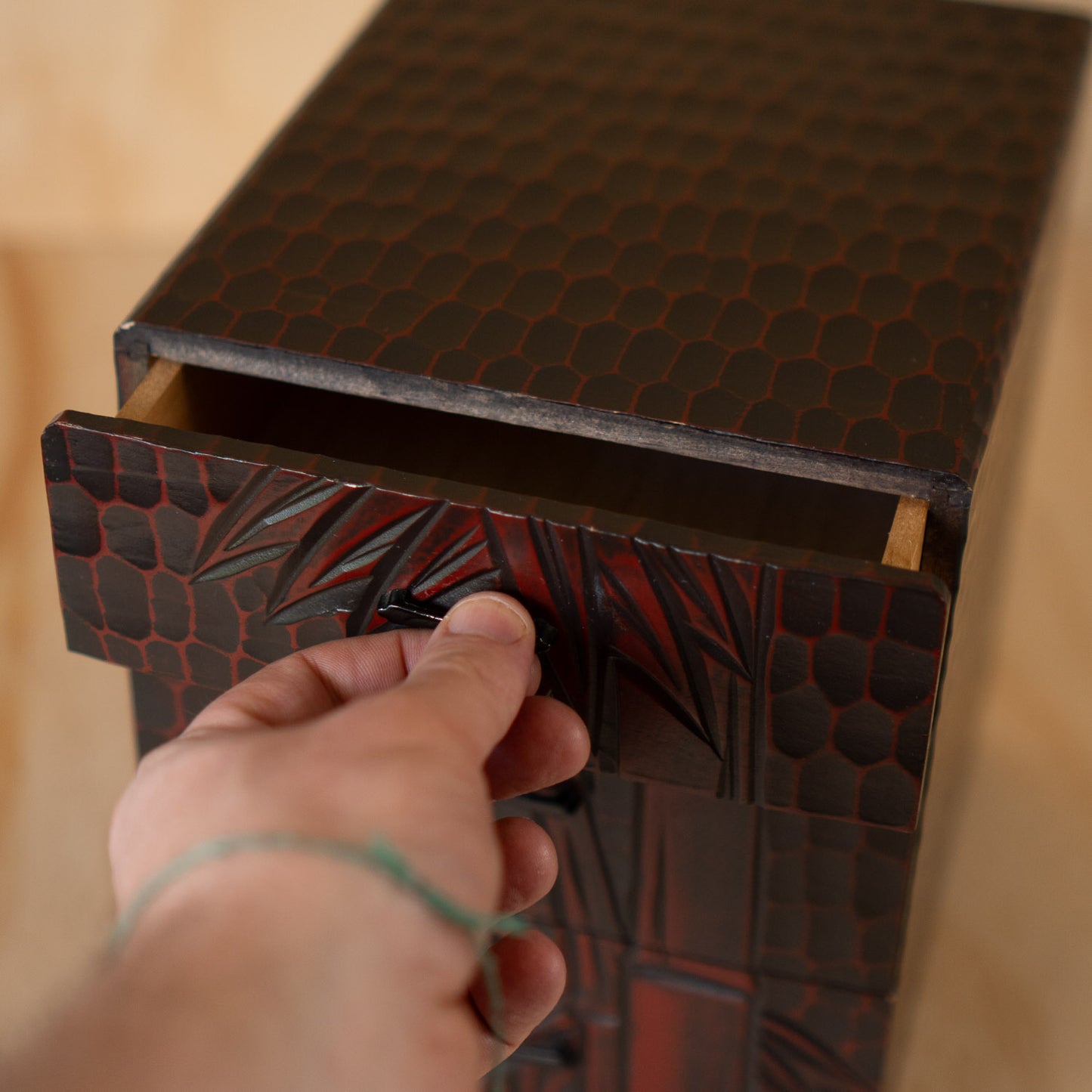 Vintage Japanese Kamakura Bori Carved and Lacquered 3 Drawer Box