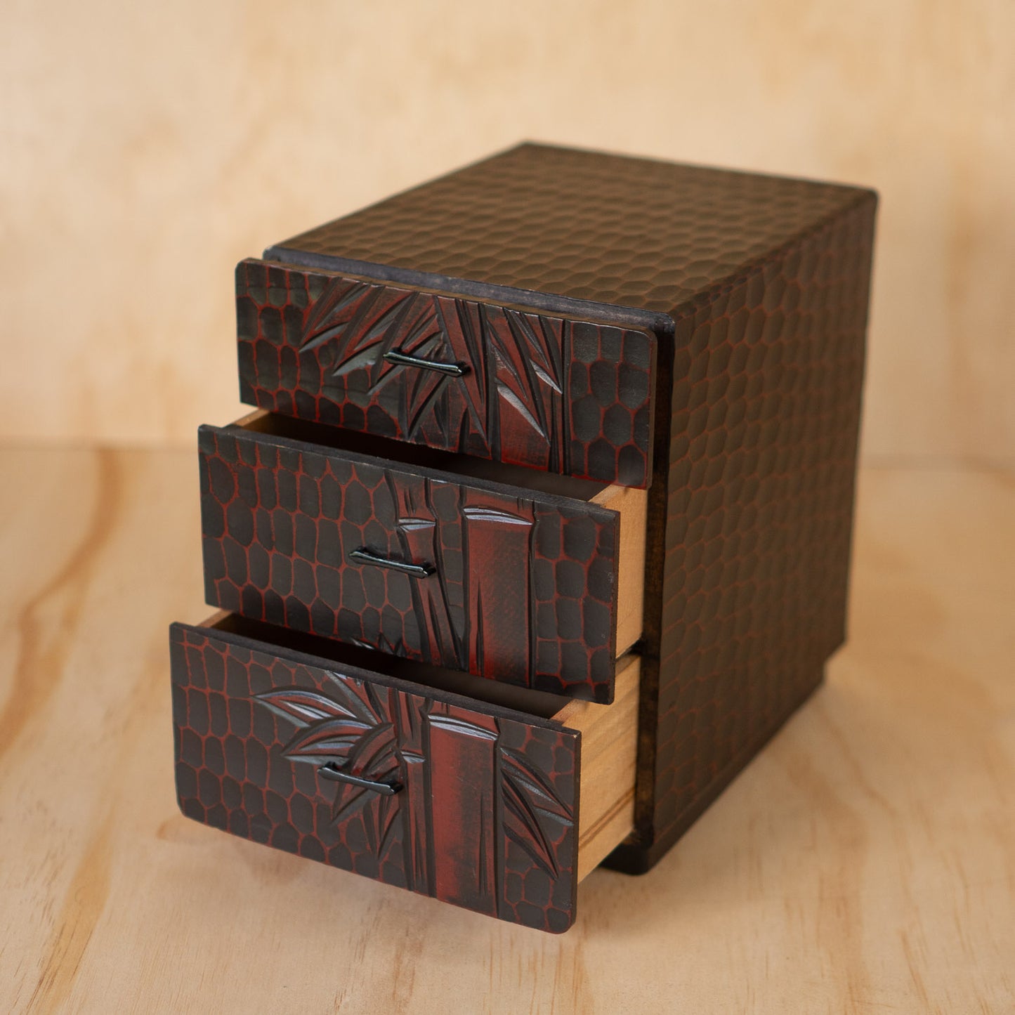 Vintage Japanese Kamakura Bori Carved and Lacquered 3 Drawer Box