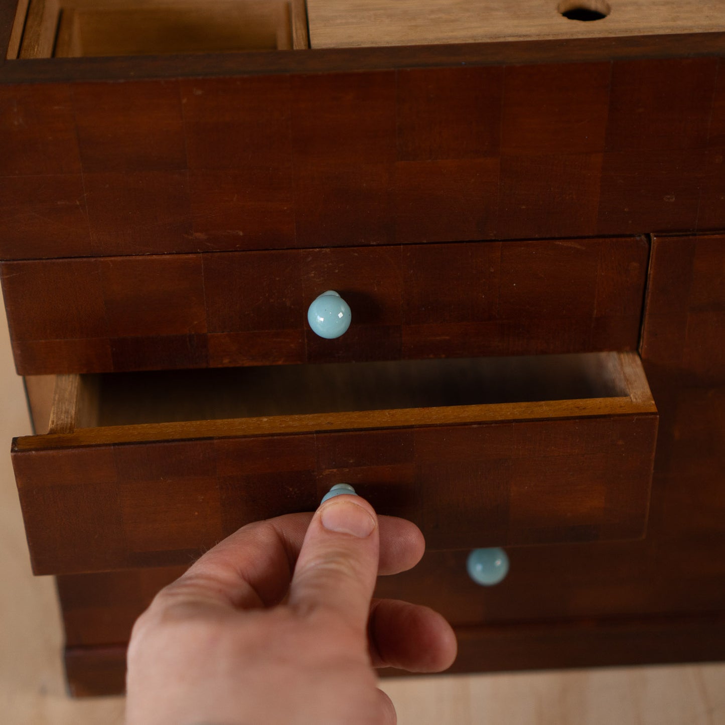 Vintage Japanese Checker Inlay Haribako sewing box with glass handles