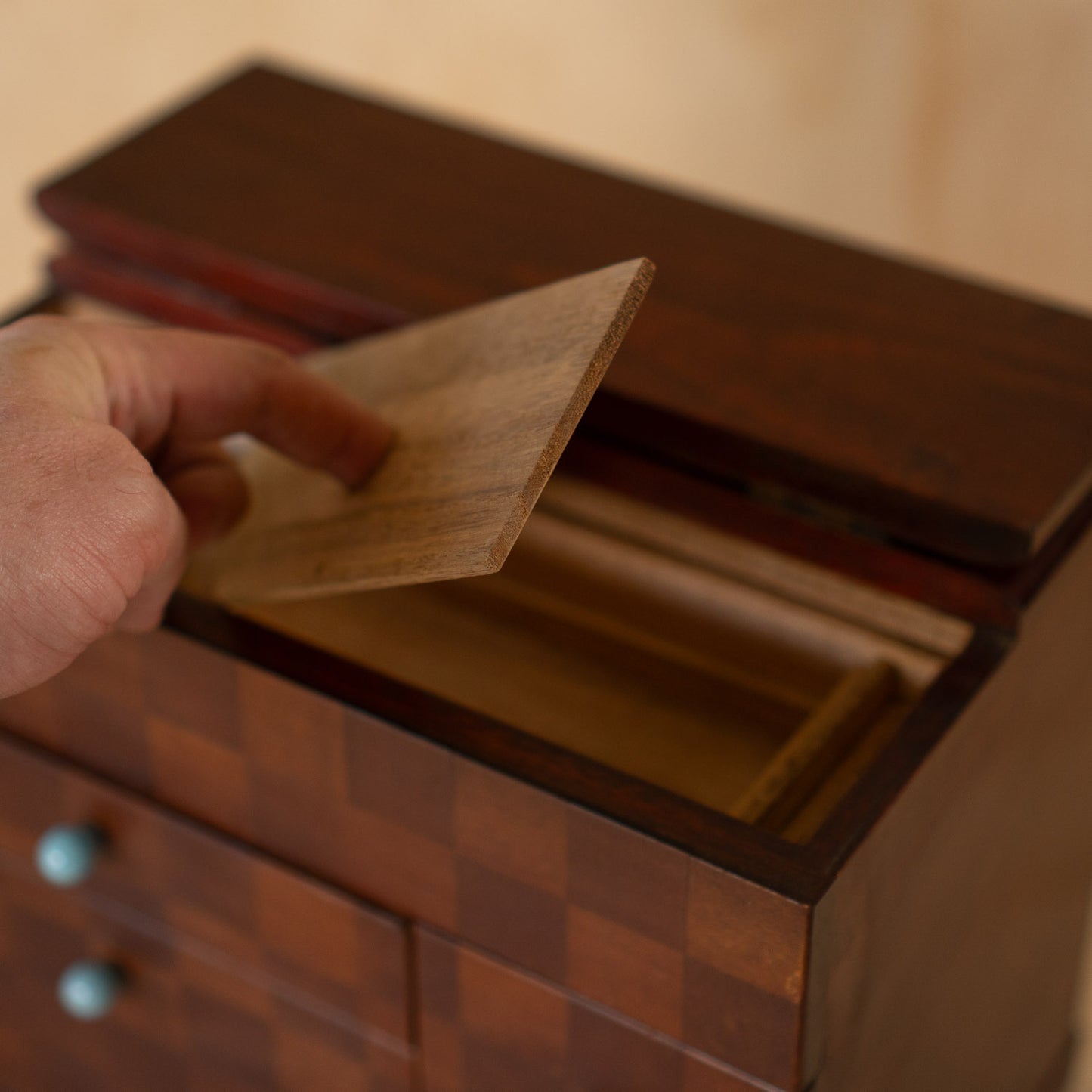 Vintage Japanese Checker Inlay Haribako sewing box with glass handles