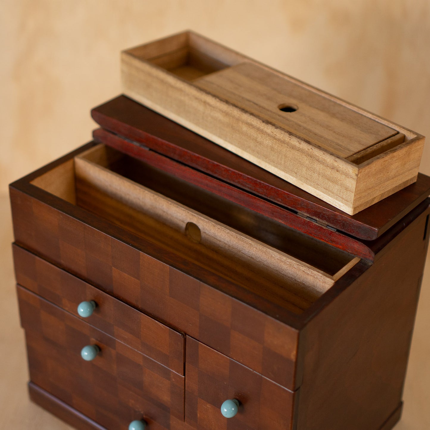 Vintage Japanese Checker Inlay Haribako sewing box with glass handles