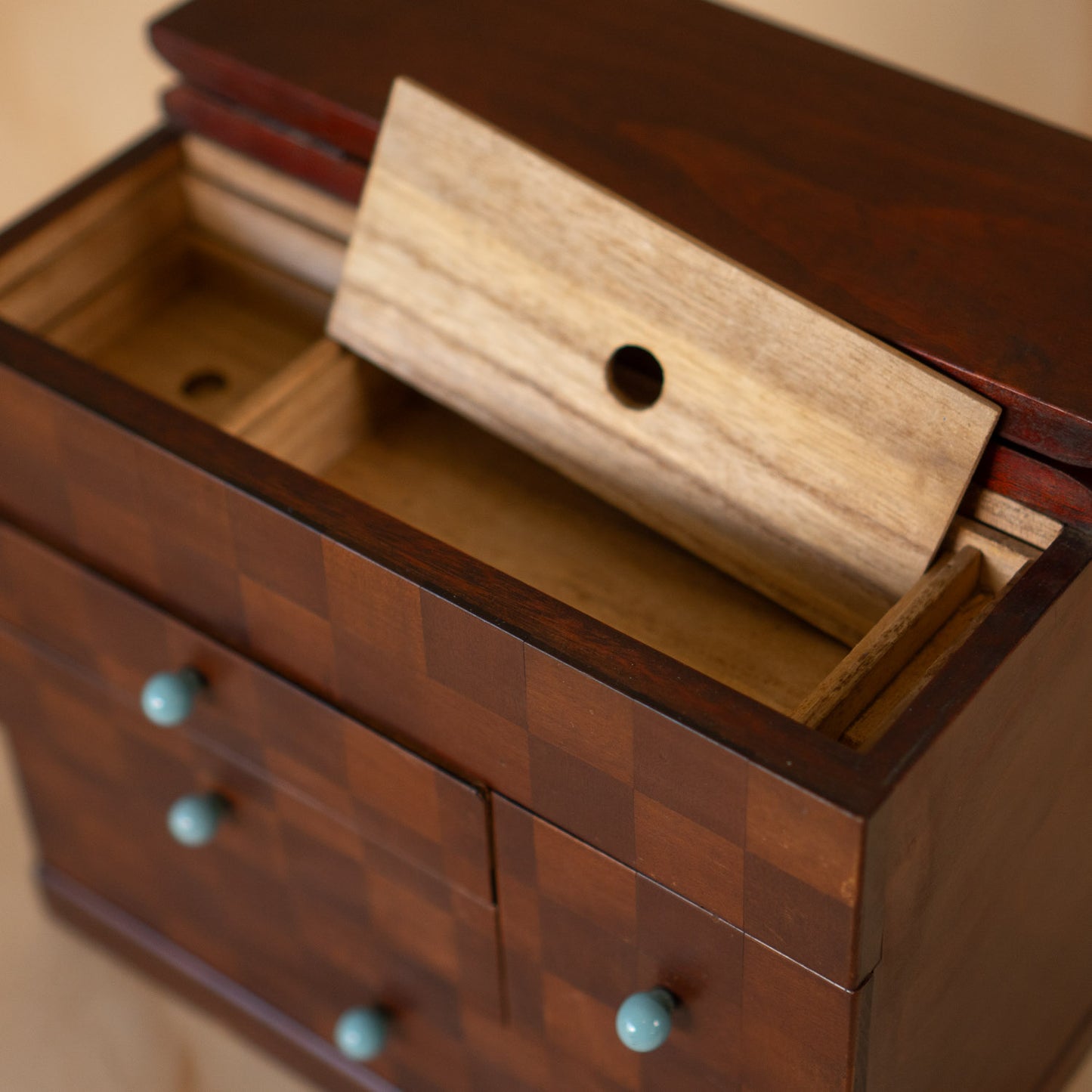 Vintage Japanese Checker Inlay Haribako sewing box with glass handles
