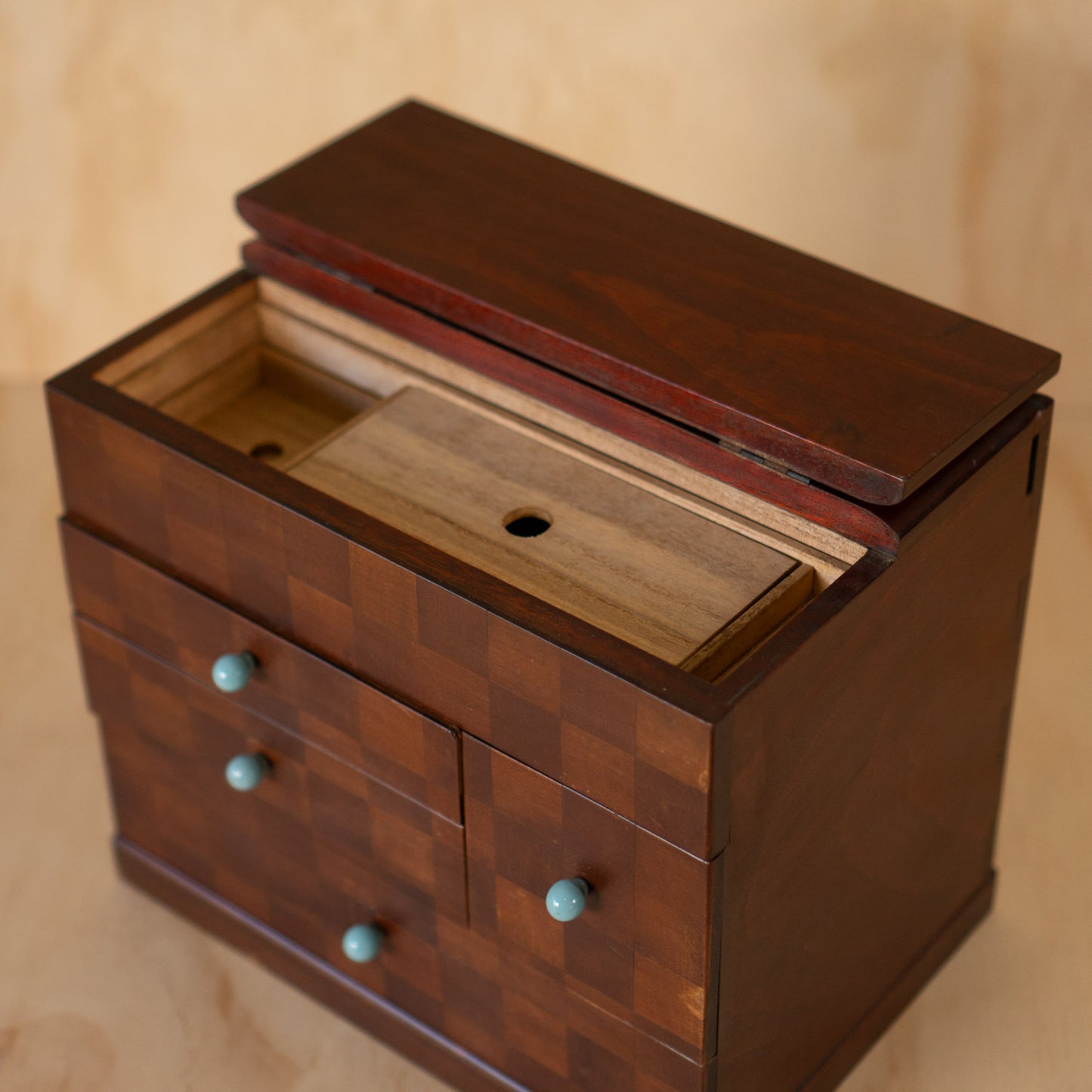 Vintage Japanese Checker Inlay Haribako sewing box with glass handles