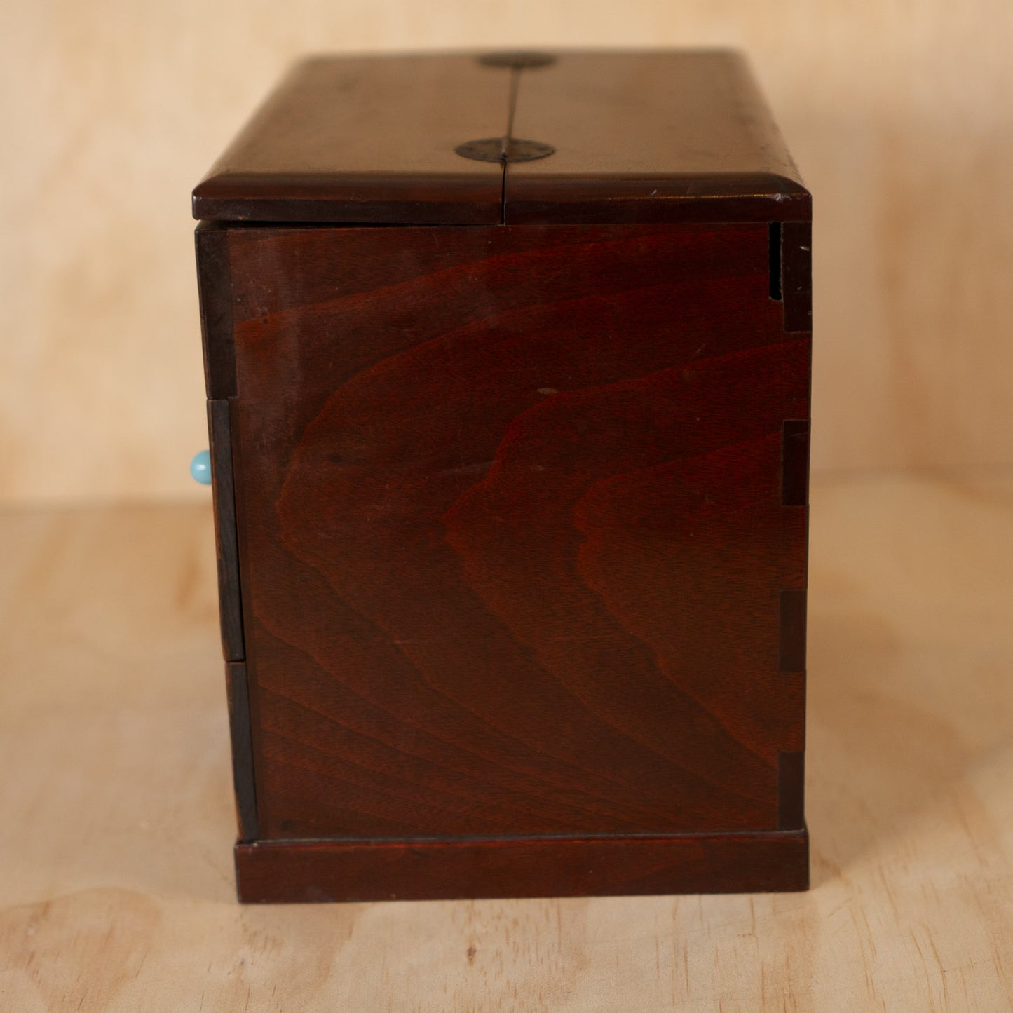 Vintage Japanese Checker Inlay Haribako sewing box with glass handles