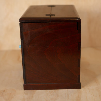 Vintage Japanese Checker Inlay Haribako sewing box with glass handles