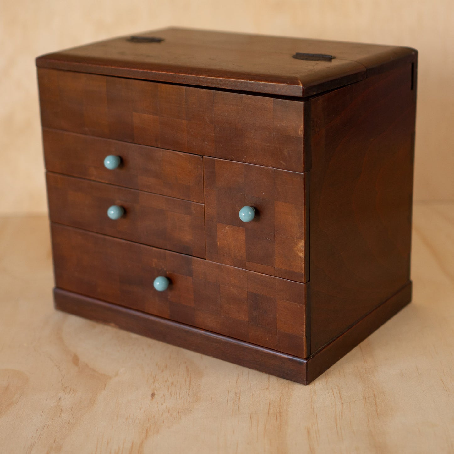 Vintage Japanese Checker Inlay Haribako sewing box with glass handles
