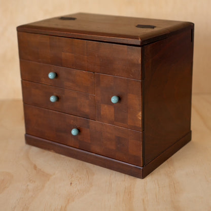 Vintage Japanese Checker Inlay Haribako sewing box with glass handles
