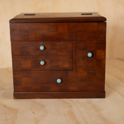 Vintage Japanese Checker Inlay Haribako sewing box with glass handles