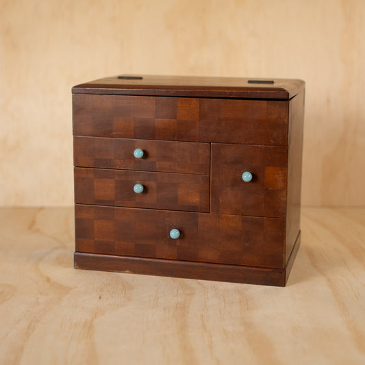 Vintage Japanese Checker Inlay Haribako sewing box with glass handles