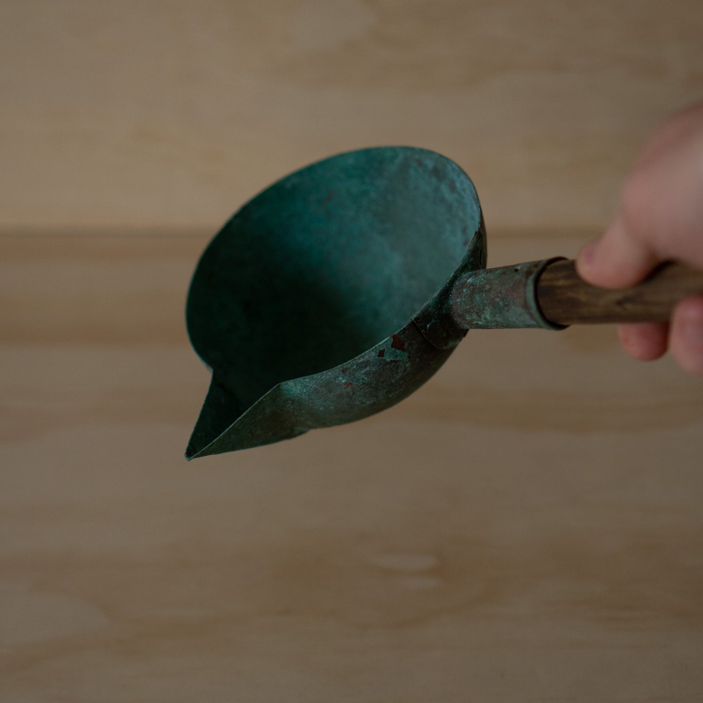 Antique Japanese Patinated Copper Water Ladle with spout