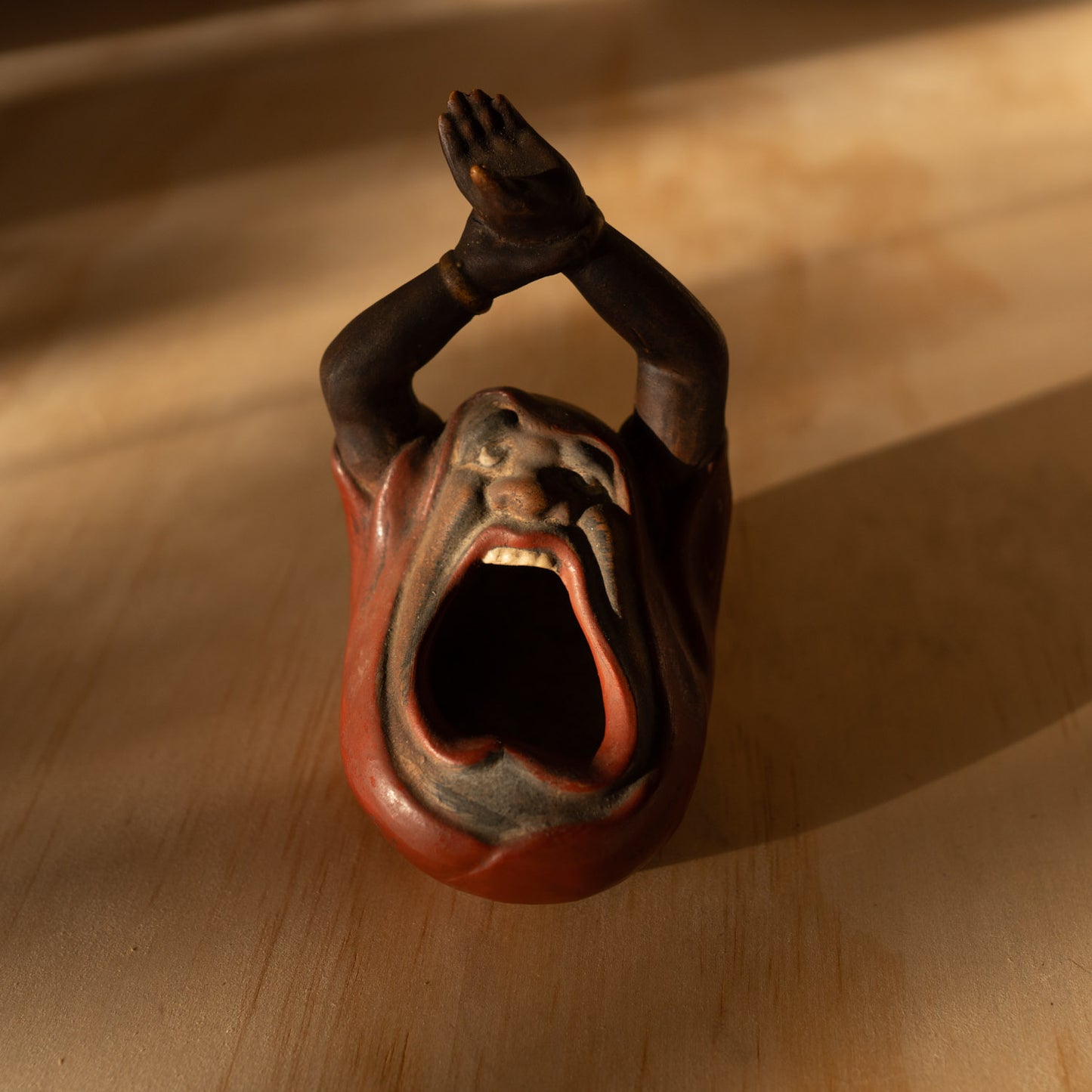 Antique Japanese Ceramic Yawning Daruma Incense Burner