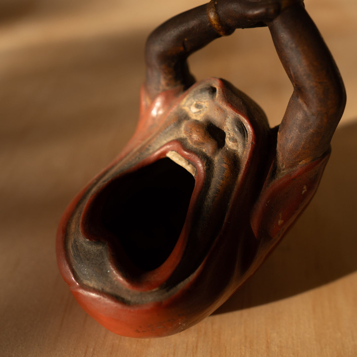 Antique Japanese Ceramic Yawning Daruma Incense Burner