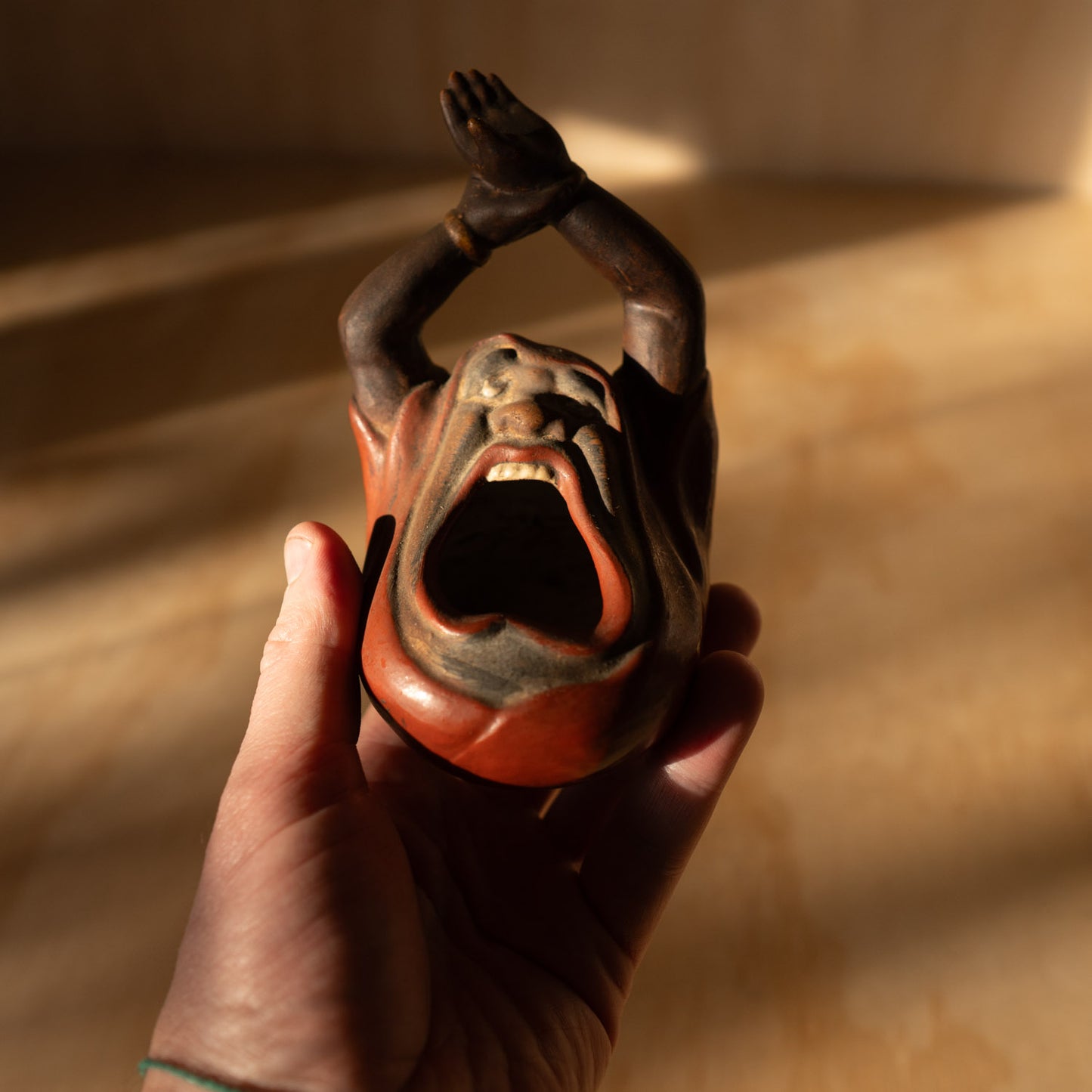 Antique Japanese Ceramic Yawning Daruma Incense Burner