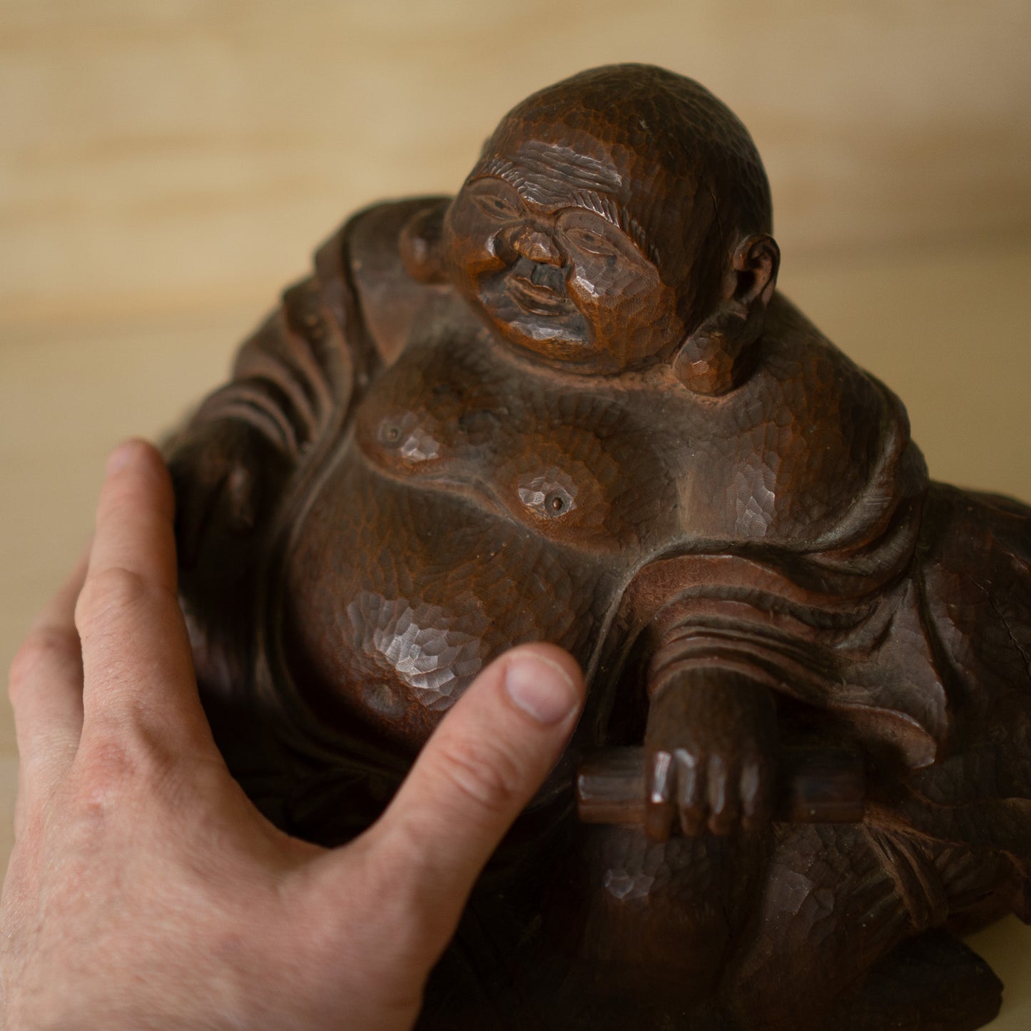 Vintage Japanese Carved Keyaki Elm Hotei Sculpture