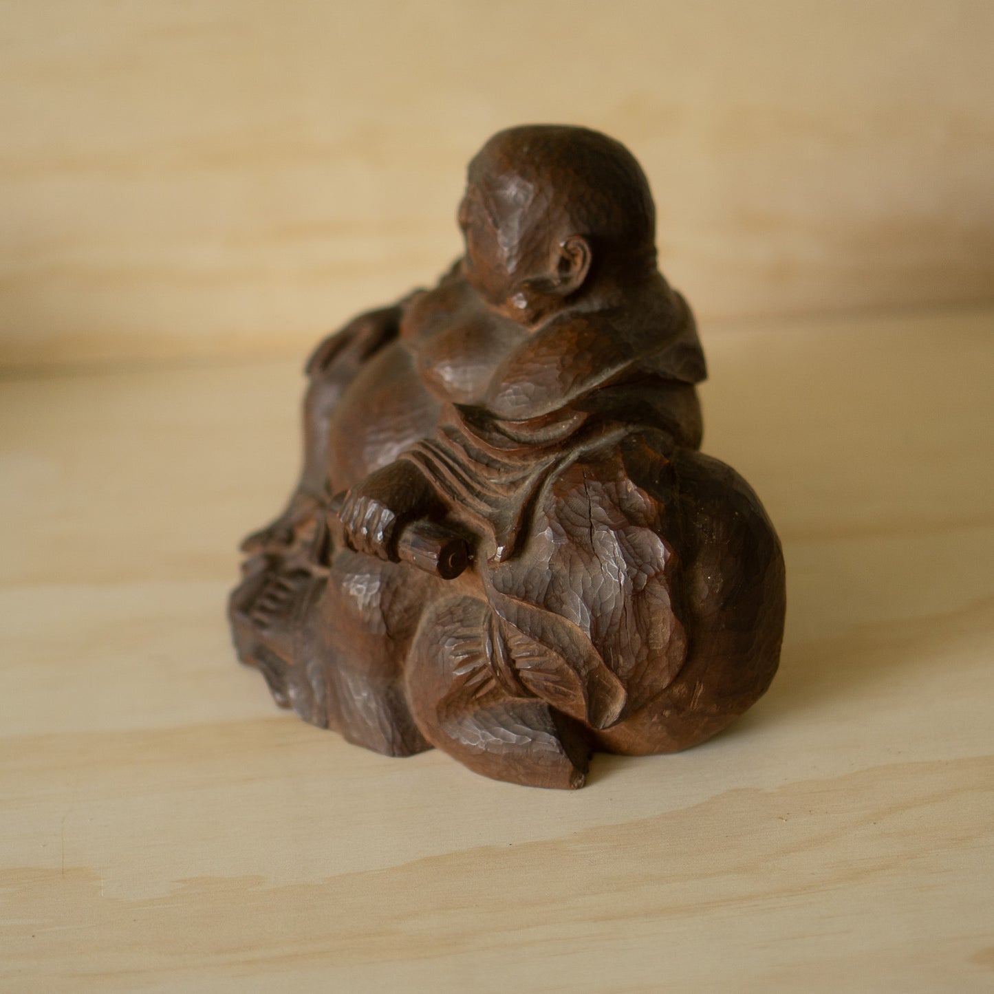 Vintage Japanese Carved Keyaki Elm Hotei Sculpture