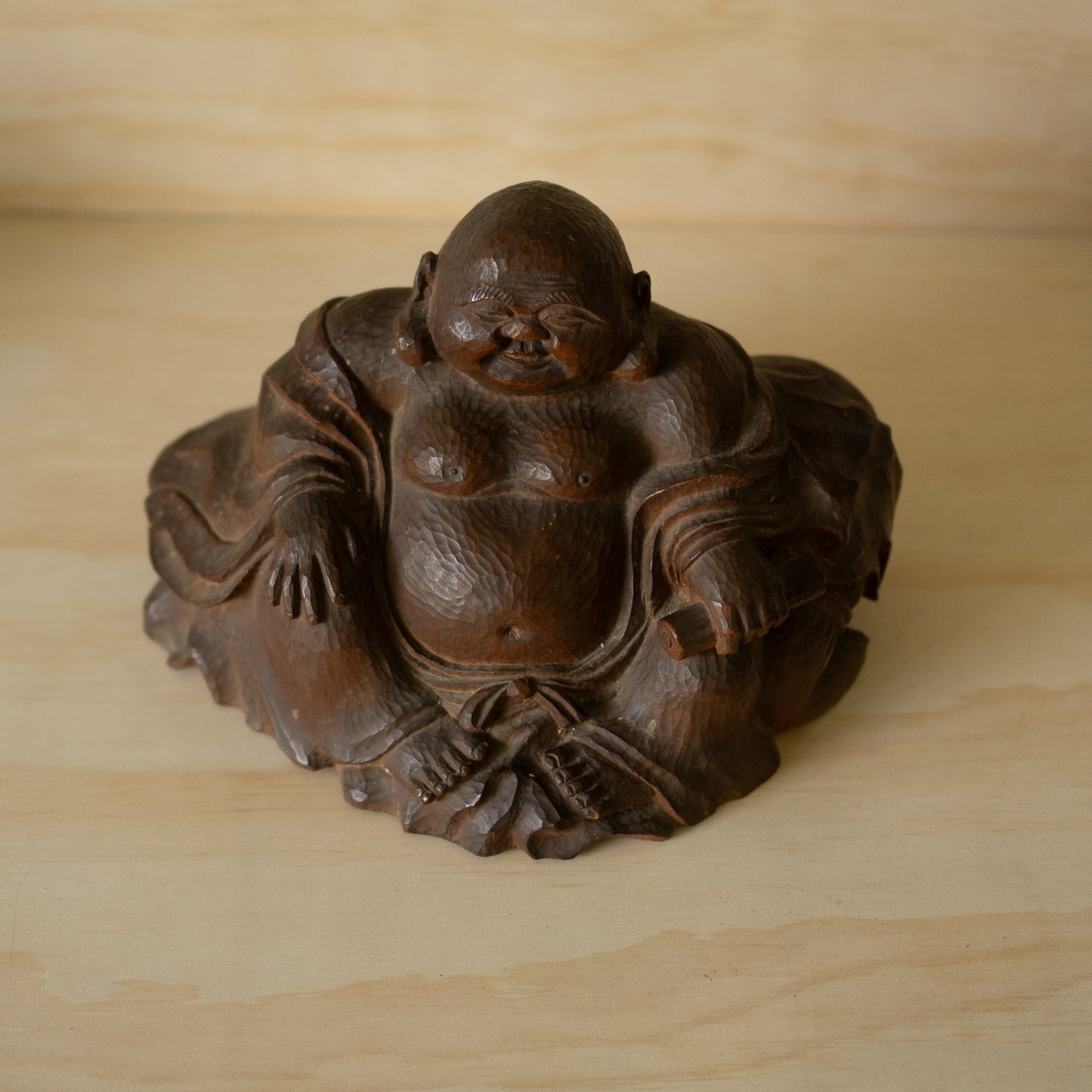 Vintage Japanese Carved Keyaki Elm Hotei Sculpture