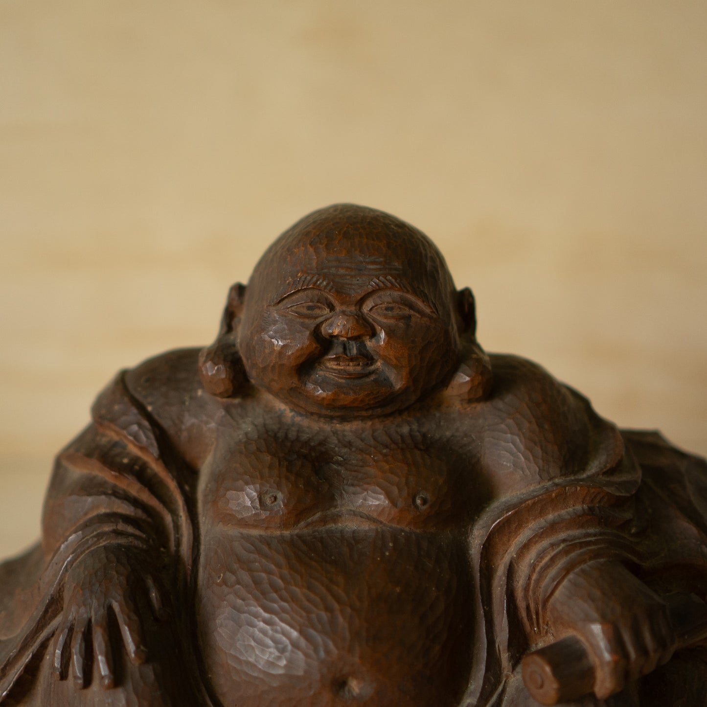 Vintage Japanese Carved Keyaki Elm Hotei Sculpture