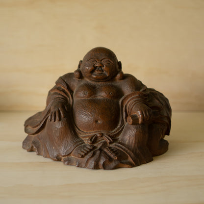 Vintage Japanese Carved Keyaki Elm Hotei Sculpture