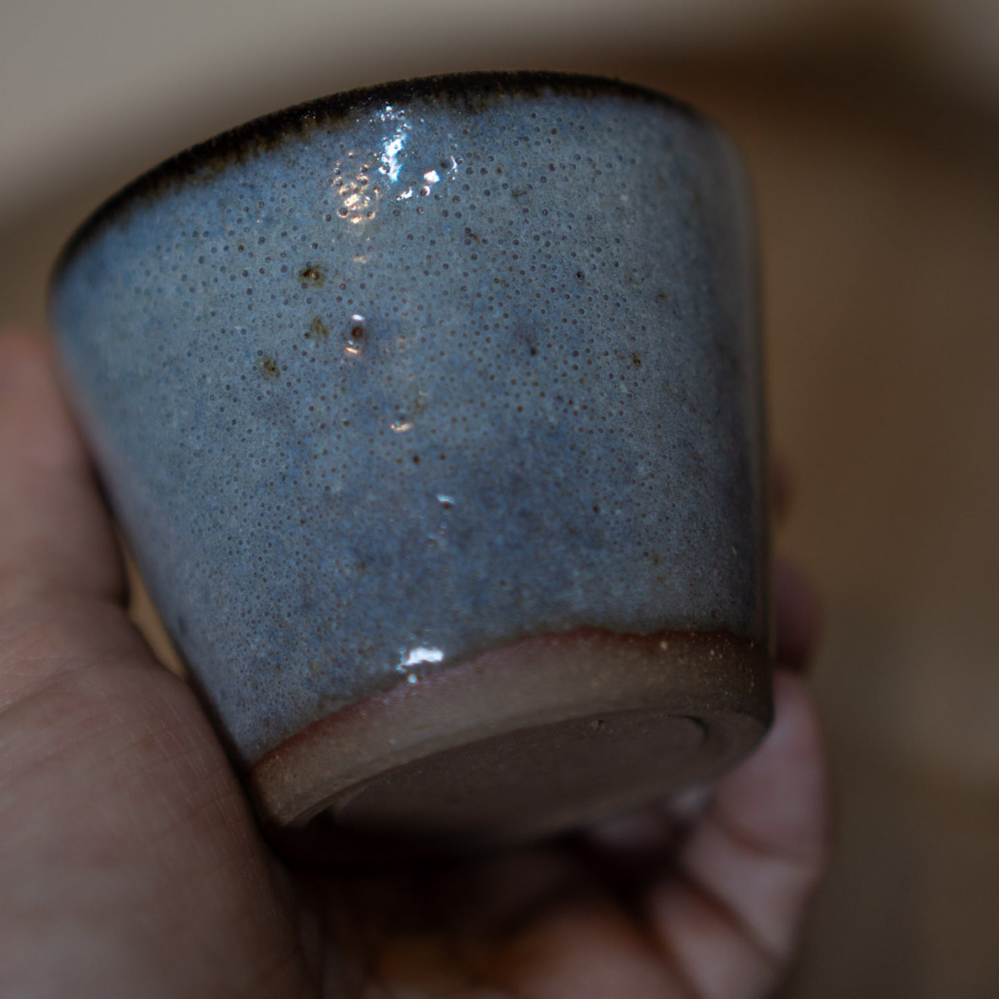 Vintage Japanese ceramic tea cup - blue grey with dark rim