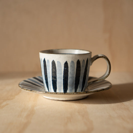 Japanese Ceramic Mino ware blue and white stripe cup and saucer set
