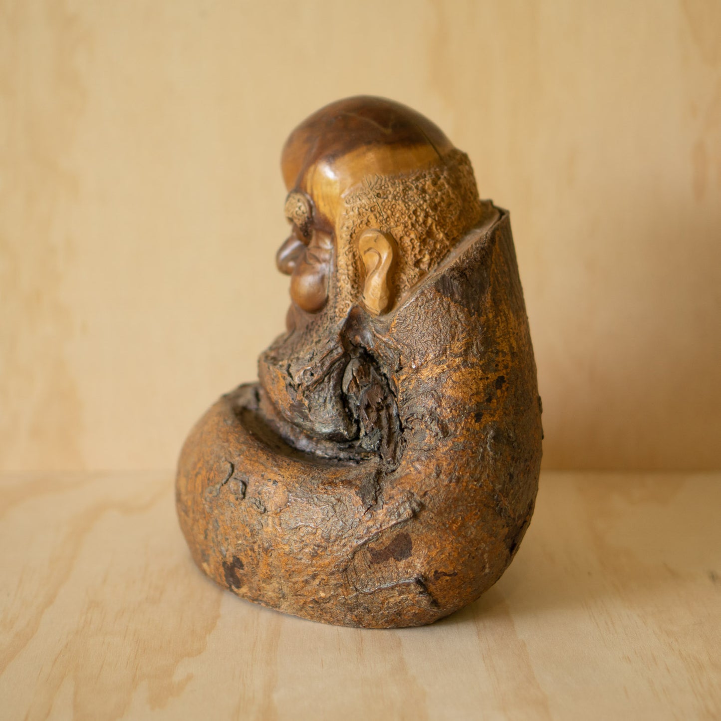 Japanese Vintage Carved Wisteria Trunk Daruma Sculpture