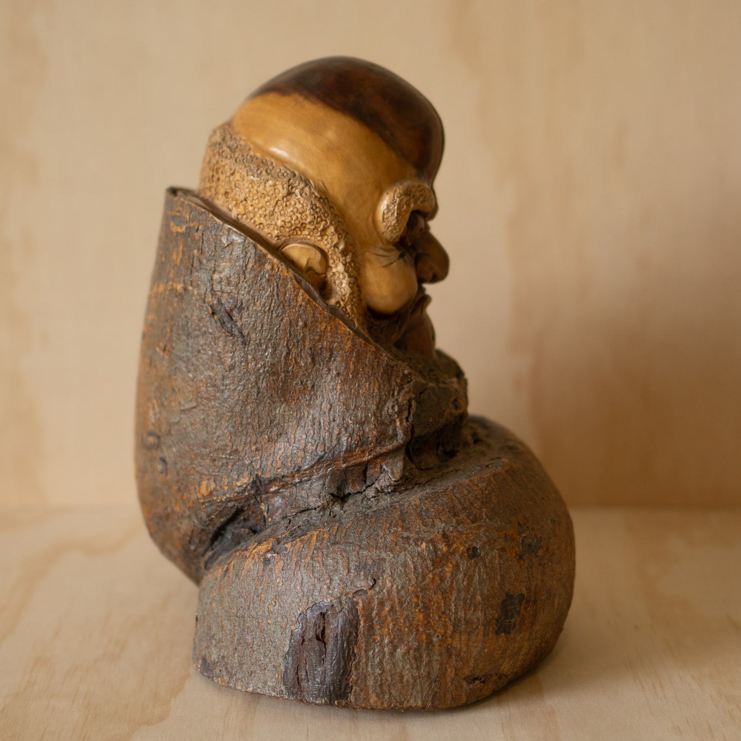 Japanese Vintage Carved Wisteria Trunk Daruma Sculpture