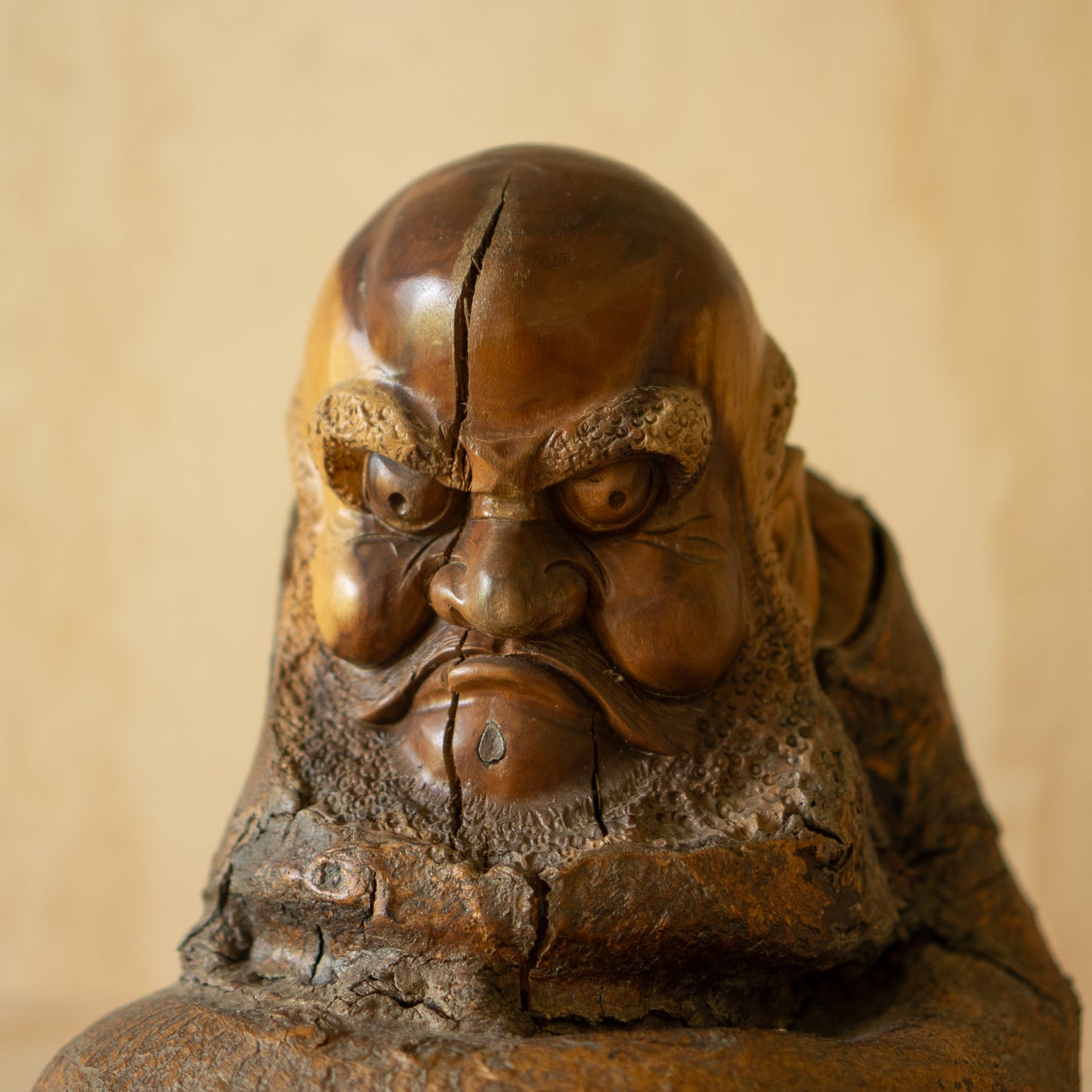 Japanese Vintage Carved Wisteria Trunk Daruma Sculpture